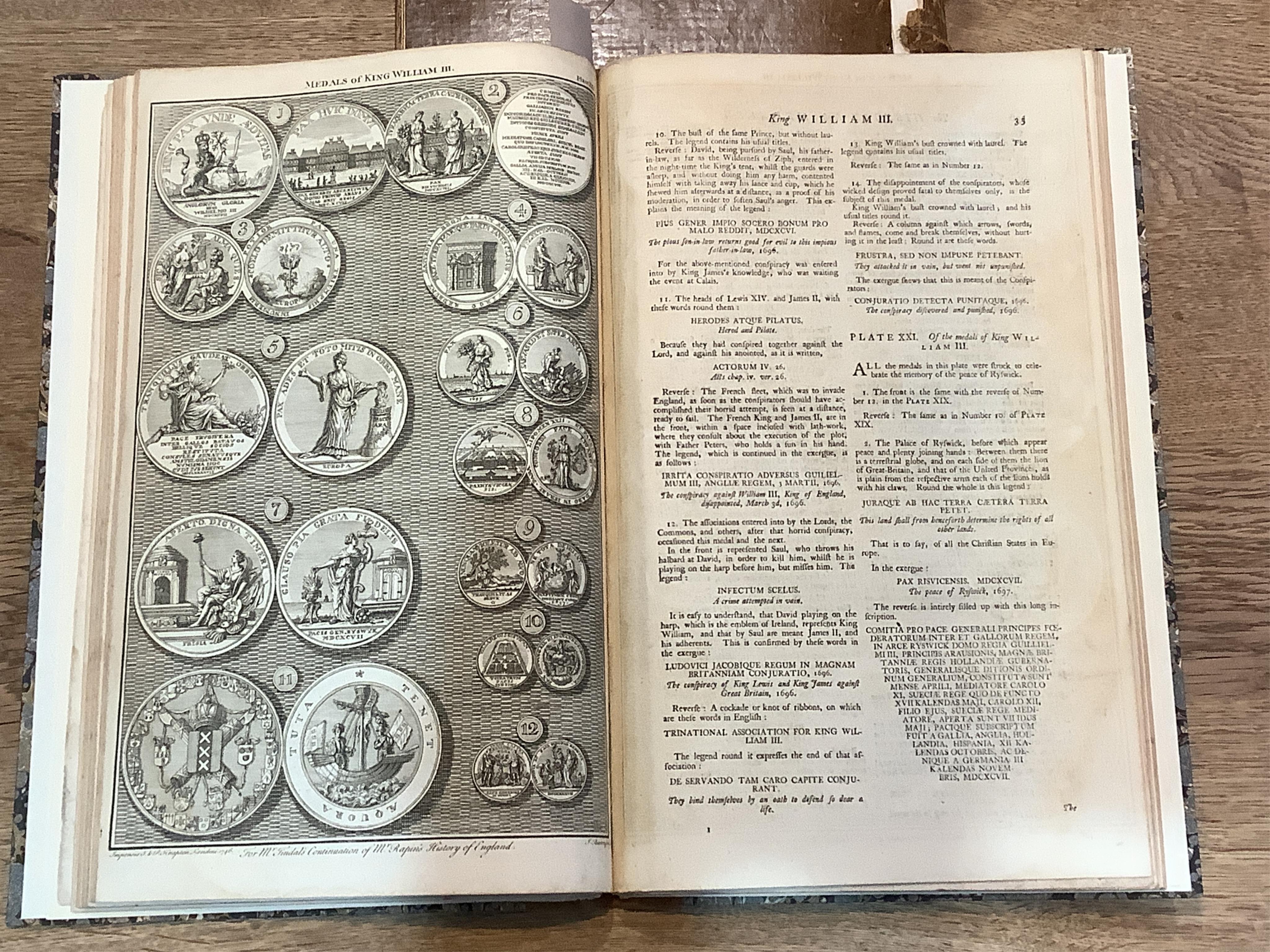 Rapin de Thoyras and Plates engraved by J S Muller for Mr Tindal's continuation of Mr Rapin's Medallic History of England, Vols III-IV Pt II in one volume 1744-47, rebound; another copy nd. incomplete but with 37 plates;